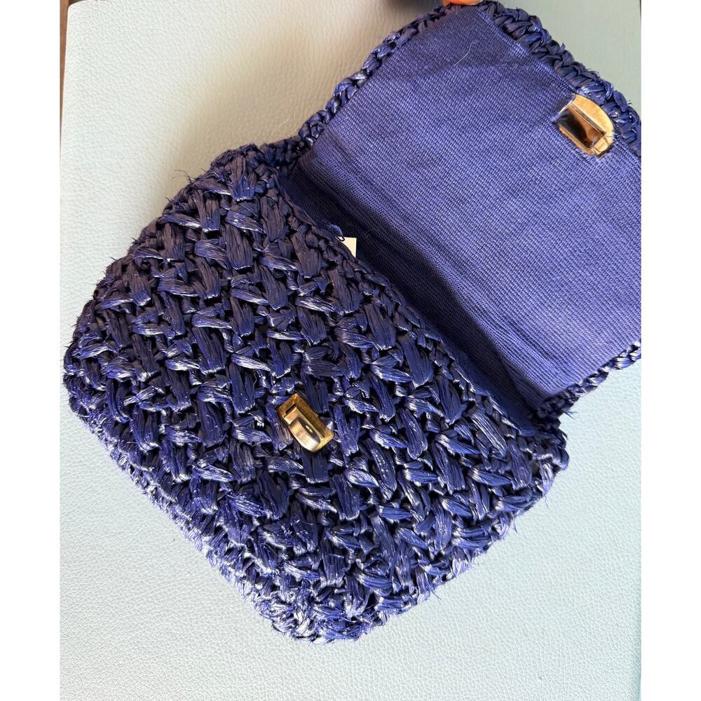 Vintage 1950s Micro Mini Cobalt Blue Woven Raffia Purse Miniature Bamboo Handle - Picture 4 of 6
